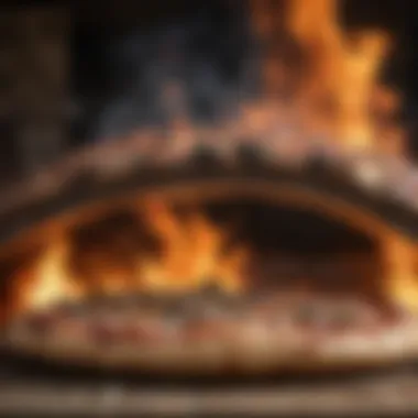 Wood-fired pizza oven with flames creating a rustic ambiance