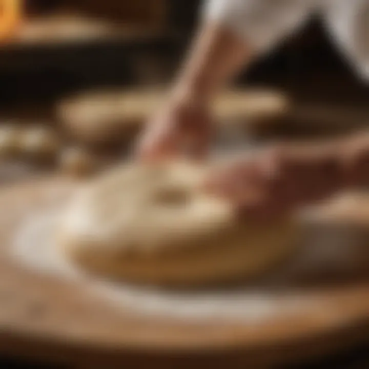 Fresh pizza dough being stretched by a skilled chef