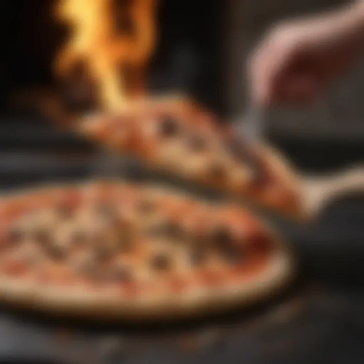 Wooden pizza peel sliding a freshly baked 800 Fahrenheit pizza out of the oven