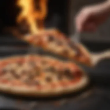 Elegant Extraction of a Perfectly Baked Pizza Wooden pizza peel sliding a freshly baked 800 Fahrenheit pizza out of the oven